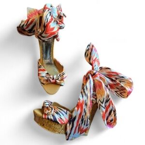 BEBE Wrap-Up Wedge Sandals Orange Pink Brown White- Size 5